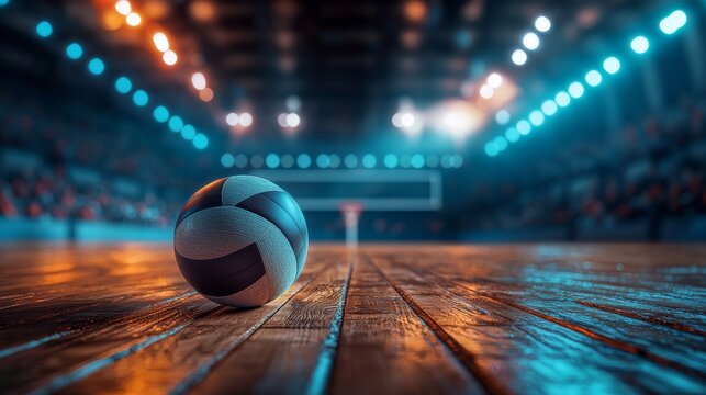 Exciting Volleyball Court Scene with Enthusiastic Fans and a Volleyball on a Wooden Floor