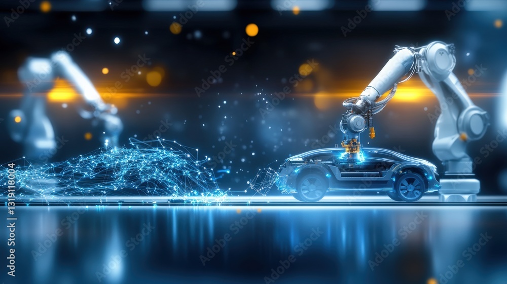 Poster robotic automation enhancing vehicle production futuristic factory digital artwork high-tech environ