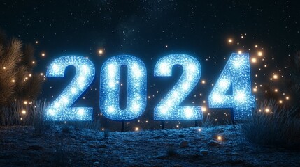 Glowing 2024 in a winter night scene.