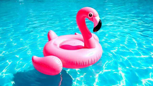 Pink flamingo float in blue turquoise swimming pool. Summer relaxation and vacation concept. Summer family water activities. Tropical resort with palm tree. Travel vacation, holiday concept. 