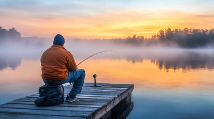 Serene Early Morning Fishing at Sunrise Over Calm Lake