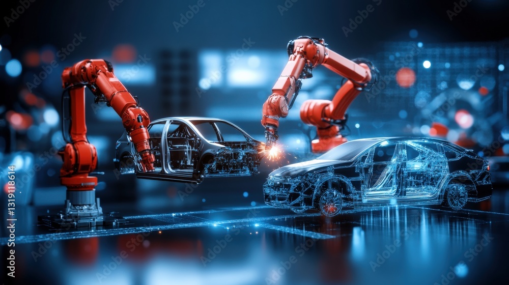Poster automated manufacturing process industrial facility digital render high-tech environment close-up vi