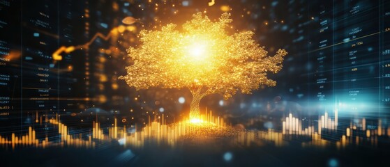 Fototapeta premium Glowing golden tree emerging from financial stock chart, symbolizing long-term investment and growth