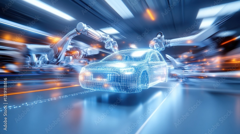Poster automated vehicle assembly process futuristic factory 3d visualization high-tech environment dynamic