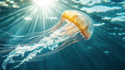 A beautiful orange jellyfish swimming effortlessly through the water, its glowing form creating a magical underwater scene