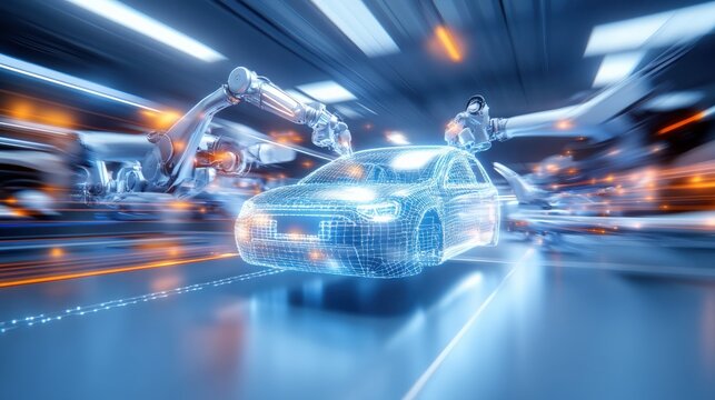 Automated vehicle assembly process futuristic factory 3d visualization high-tech environment dynamic perspective industry insights