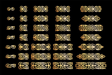 Vector Set of golden ornaments in Kazakh style. Traditional decor in the shape of stylized gooseneck. Elements of the national pattern of the ancient nomads of the Kazakhs, Kyrgyz, Mongols