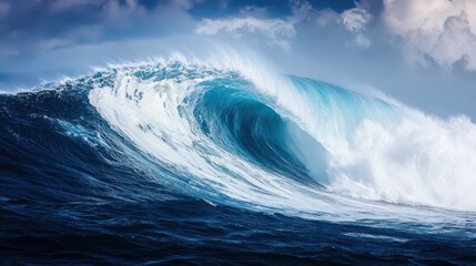 Fototapeta premium Powerful ocean wave crashing, dramatic sky background. Possible use stock photo for nature, travel, adventure, and extreme sports