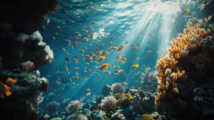 Naklejka premium A mesmerizing school of tropical fish swimming together in perfect harmony near a colorful coral reef, their vibrant colors glowing against the blue ocean backdrop