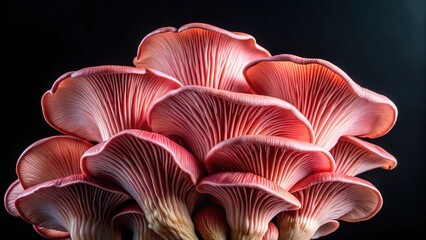 Close-up of pink oyster mushrooms on a black background, fungi close-up, ingredients