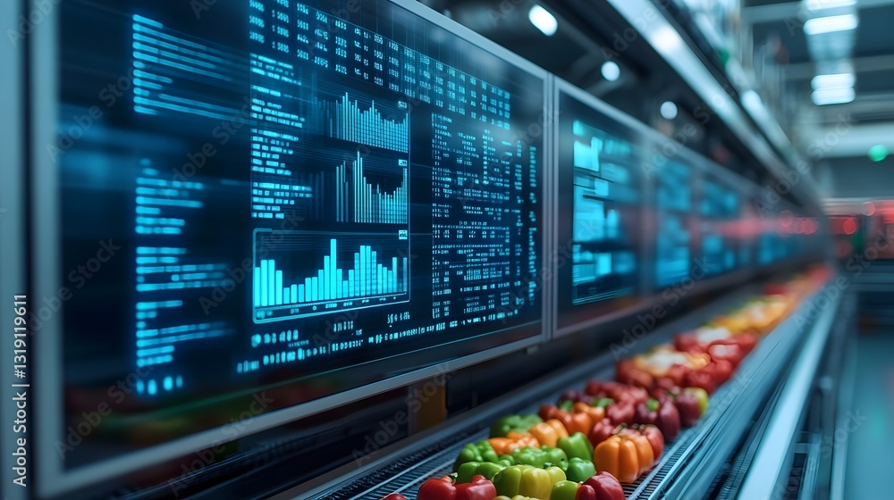 Poster high-tech food factory with holographic blockchain data tracking production