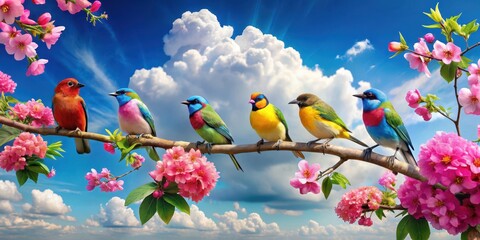 Colorful birds perched on a blooming branch, surrounded by vibrant pink flowers and lush greenery, set against a bright blue sky with fluffy white clouds, tree, flora