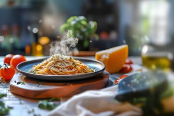 Delicious spaghetti with Parmesan cheese is prepared in the best traditions of Italian Mediterranean cuisine. In the background there are tomatoes, parmesan, basil, olive oil.