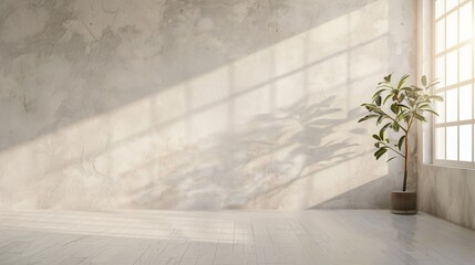 Minimalist Interior Background with Plant and Sunlight Casting Shadows on Textured Walls