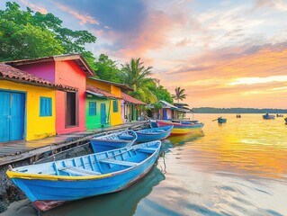 Fototapeta premium Vibrant sunset over colorful houses and boats by the water's edge.