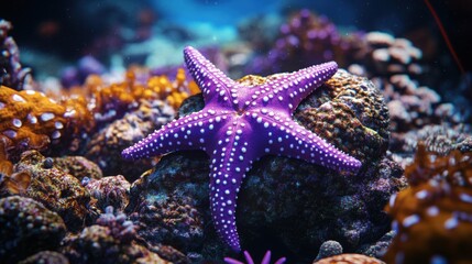 A vivid purple starfish resting on a textured rocky seabed, with tiny marine creatures and coral adding to the underwater scene