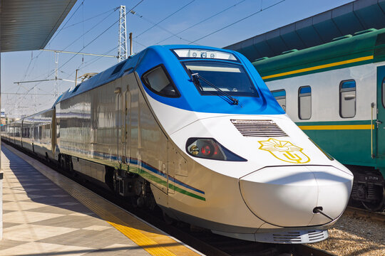 Tashkent, Uzbekistan - 29 September 2024: Locomotive of high-speed train Talgo 250 'Afrosiyob' is waiting to depart at the Northern Station of Tashkent. Tashkent-Samarkand-Bukhara route.