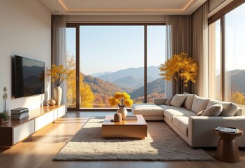 Serene Autumn Living: White Interior, Distant Mountains, Golden Hour Light, Yellow Chrysanthemums, Cozy Sofa, High-Precision Details and Fine Art.