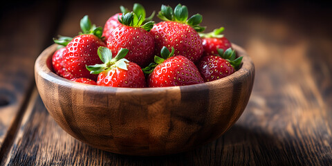 Fresh strawberries in a wooden bowl on rustic wooden table &ndash; organic food concept
