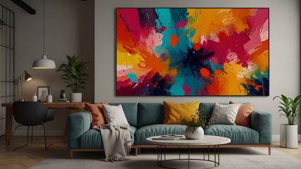 Modern Living Room with Stylish Teal Sofa Abstract Art Vibrant Furniture and Contemporary Décor in a Relaxed Setting