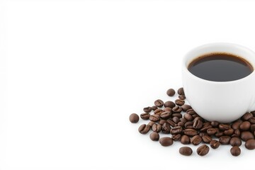 A white coffee cup with coffee and coffee beans on top of it. The coffee beans are scattered around the cup, creating a cozy and inviting atmosphere