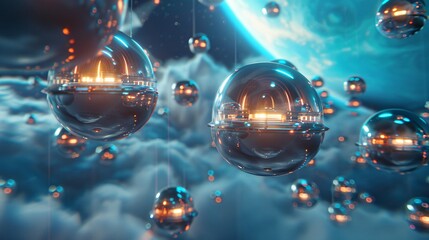 Futuristic Spherical Light Orbs in Sci-Fi Background Amid Clouds and Planets