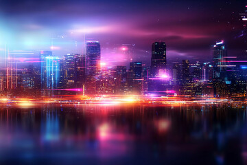 Fototapeta premium Retro neon-lit cityscape with floating geometric shapes, pixelated digital elements, and soft gradients of pink, purple, and blue in the sky creating a futuristic atmosphere