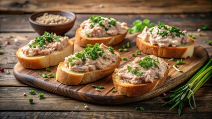 Rich, creamy pork rillettes spread on crusty baguette slices, garnished with fresh herbs and served on a rustic wooden board , appetizer, baguette bread
