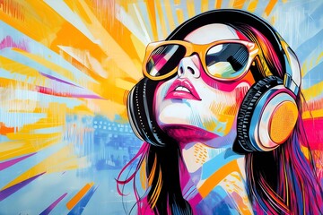 A young girl in headphones and sunglasses listens to music with abandon. 