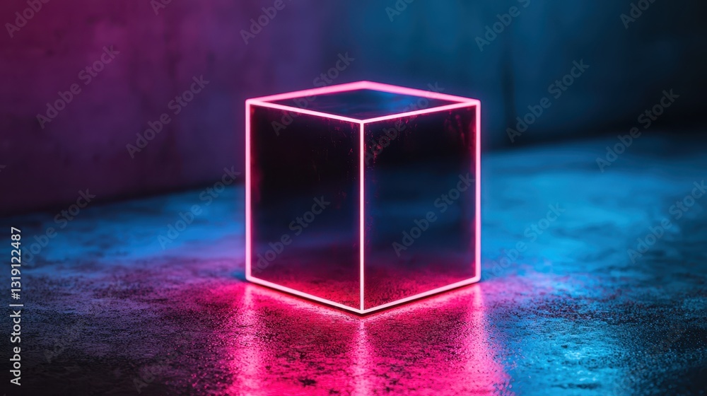 Poster neon light cubes with reflection in dark room setting
