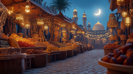 Fototapeta premium A beautifully detailed traditional market during Ramadan, glowing under warm lanterns and string lights. The stalls are filled with fresh dates, spices, sweets, and traditional Ramadan delicacies.