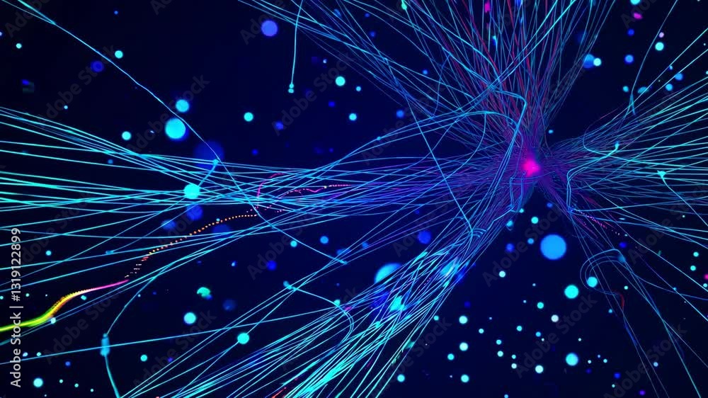 Poster abstract digital art with glowing lines and dots on dark background. futuristic tech theme