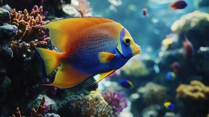Obraz premium A beautiful angelfish exploring the coral reef, with sunlight filtering through the water and illuminating the lively marine habitat