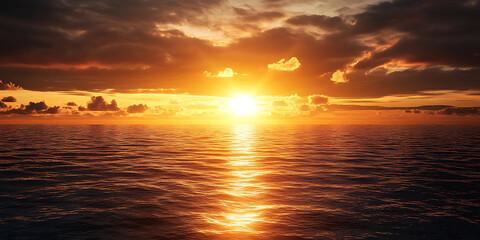 Naklejka premium Majestic Golden Sunset Over a Serene Ocean Horizon for a Tranquil Coastal View