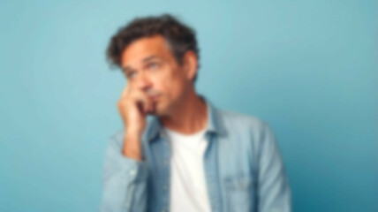 Blurred background illustrating a contemplative moment in a serene setting, with a light blue backdrop embodying calm focus