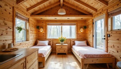 The tiny house interior is adorned with warm wooden decor that exudes a cozy and inviting atmosphere.