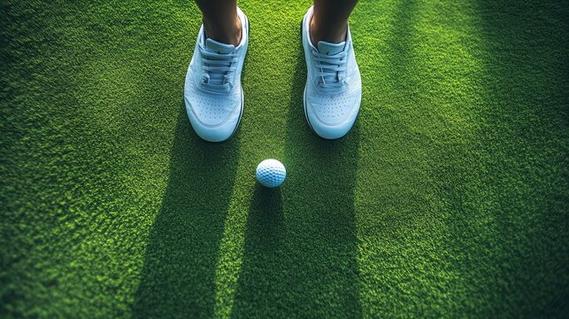 An aerial view of a golfer preparing to putt on a green.