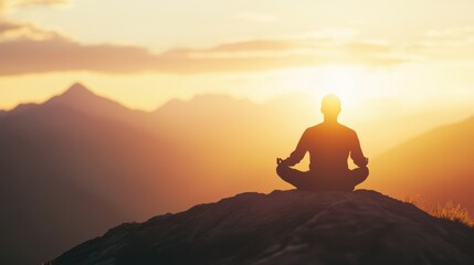 Serene figure meditating on mountain top at sunrise, symbolizing inner peace and clarity