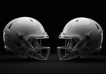 Fototapeta premium Two American Football Helmets Facing Each Other on a Black Background