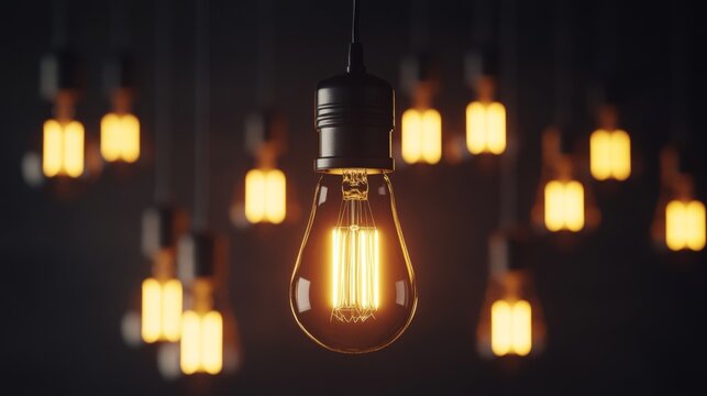 A dark room with hanging light bulbs  one warmly glowing bulb creates a striking contrast