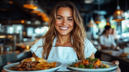 A warm and welcoming waitress presenting dishes in a lively restaurant ambiance, showcasing the joy of dining and excellent customer service.