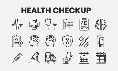 A modern vector-style illustration featuring a set minimalist health checkup icons, easily editable.