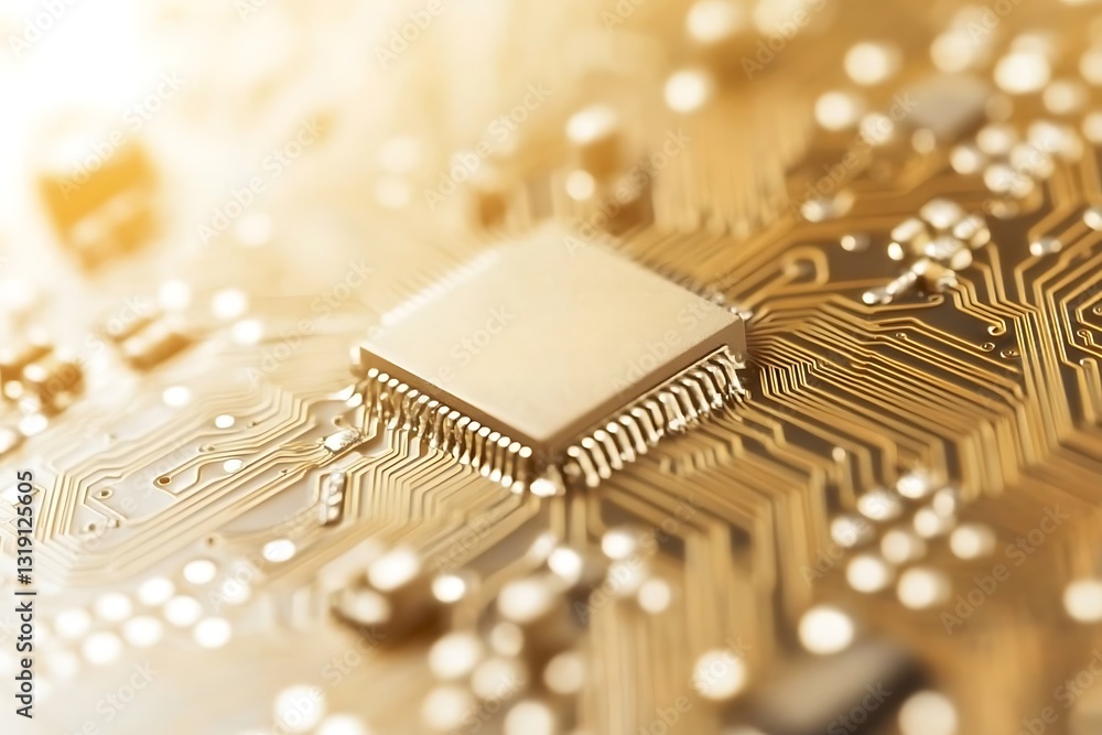 Aufkleber close-up of a golden microchip integrated on a circuit board