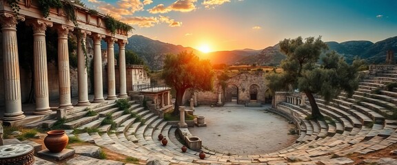 Ancient Stone Amphitheater at Sunset Majestic Columns, Stone Seating, and Golden Hour Light Bathe the Ruins in Warmth