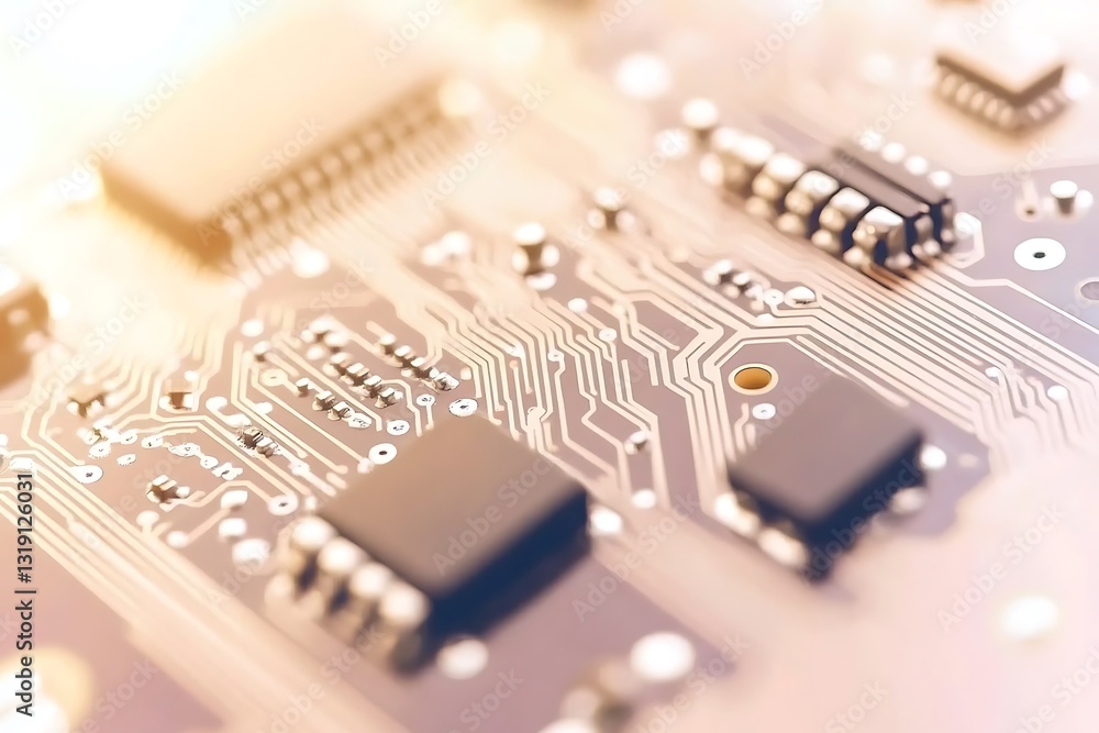 Poster complex circuit board with microchips and integrated components view