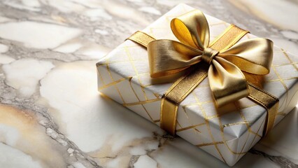 A luxurious marble gift wrapped in a golden ribbon with intricate designs and patterns, decorative, premium