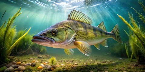 Fototapeta premium Underwater shot of Pikeperch in a clean pond, natural habitat, lake ecosystem