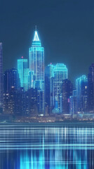 Obraz premium Neon illuminated skyscrapers reflecting luminous colors on calm urban waterfront, representing technological advancement and metropolitan nighttime sophistication