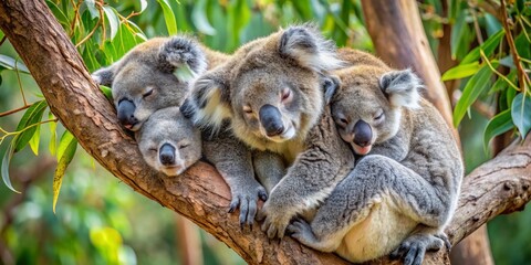 Fototapeta premium Peaceful Koala Family Huddled Together on a Tree Branch, Enjoying a Calm Afternoon Snooze in the Sunlit Canopy