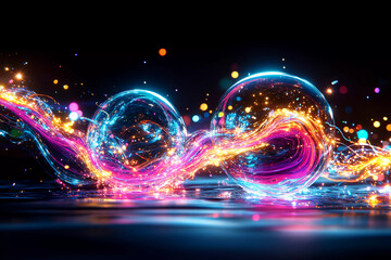 Flowing river of light connecting career and personal life spheres with balanced ripples, symbolizing harmony, growth, and balance between work and life priorities